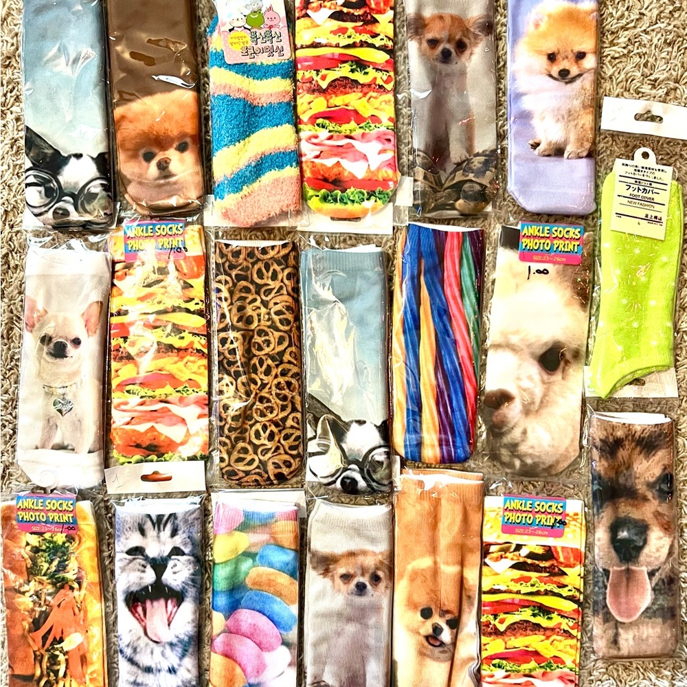 NEW - No Show Novelty Socks - One Size Fits Most - Dogs, Cats, Food, & Misc.